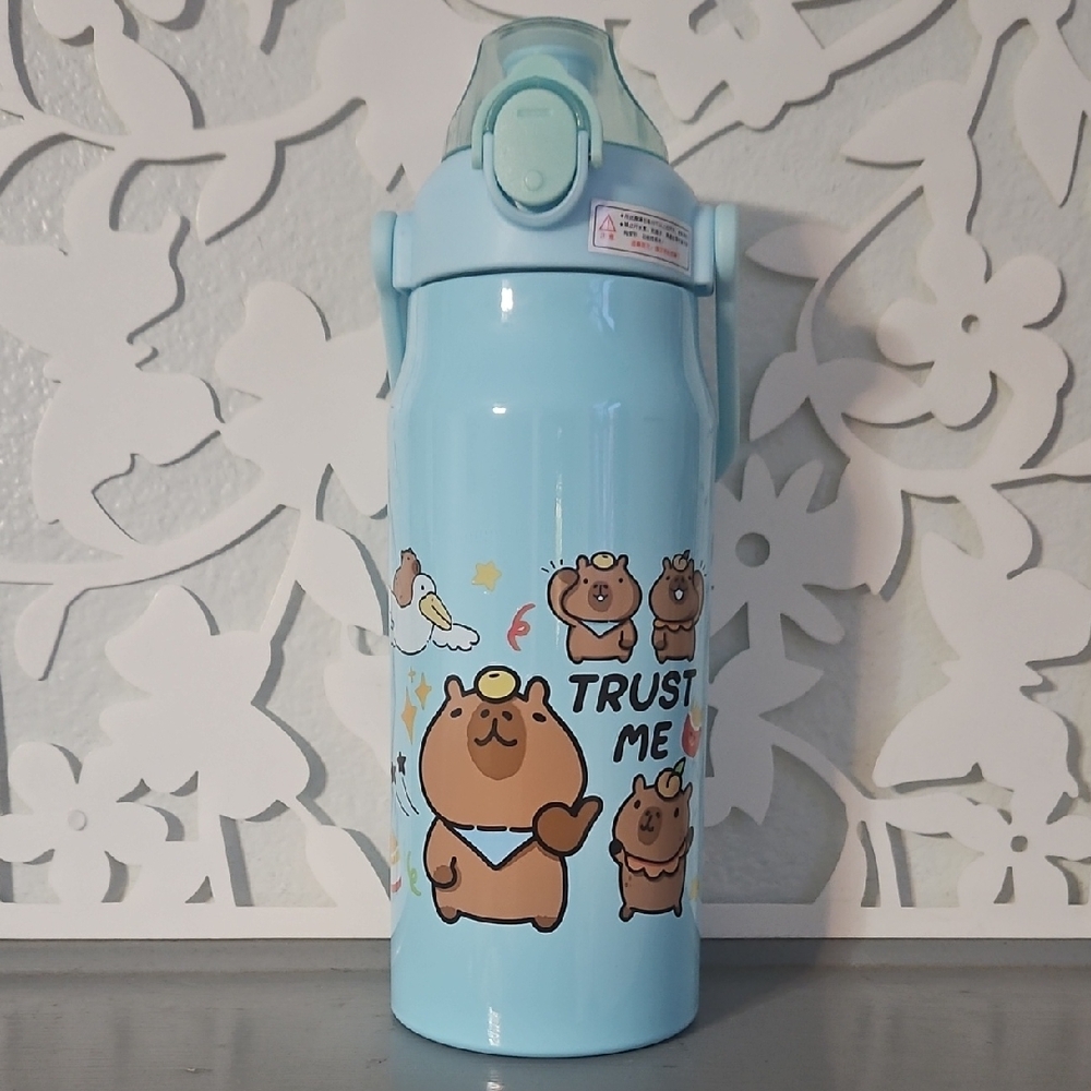 Blue Capybara Water Bottle with Bear Design